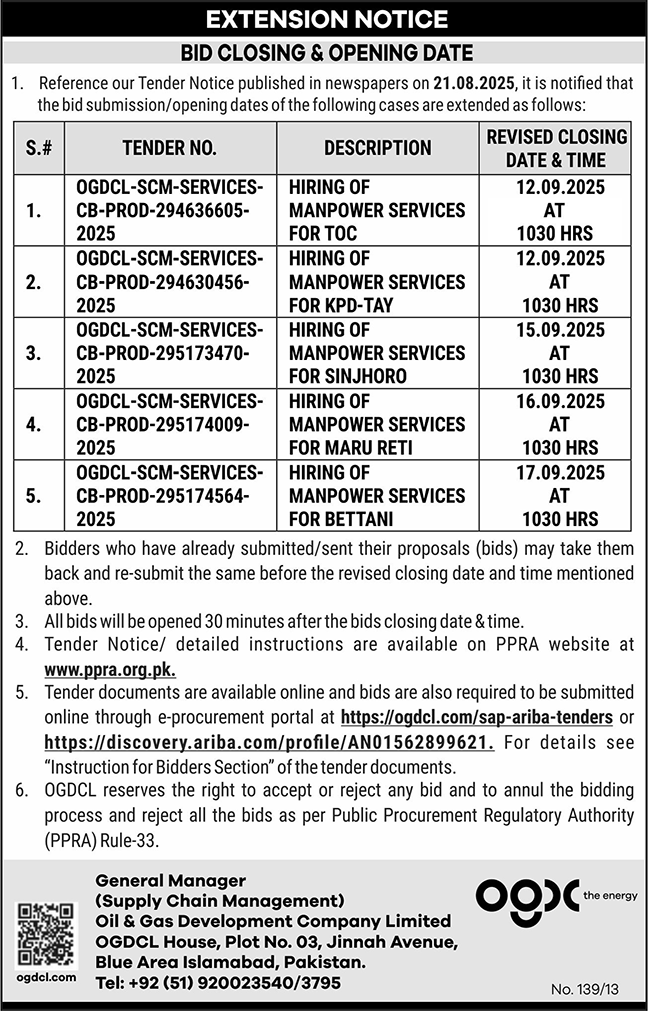 Oil & Gas Development Company Limited Islamabad Tender Notice-1